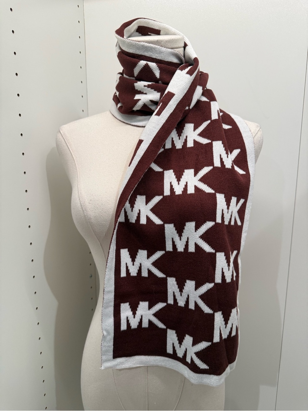 Michael Kors Maroon and White MK Logo Knit Scarf